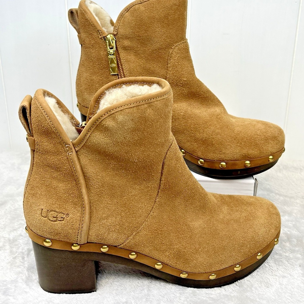 UGG Thebes Chestnut Suede Wooden Clog Booties Sheepskin Lined Size 6/37